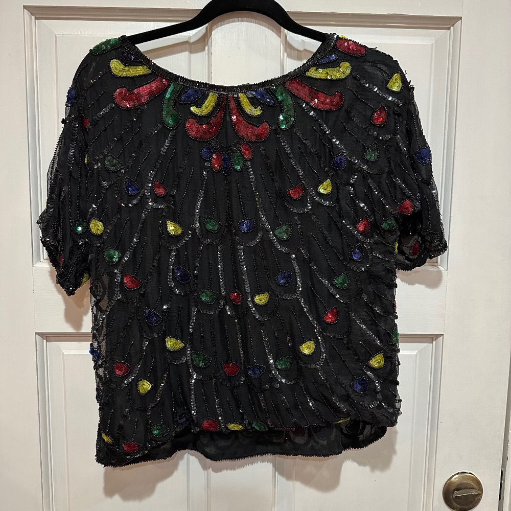Vtg Jasmine By KVM Beaded Holiday Party Top Black Silk Sheer Glam Womens Medium
